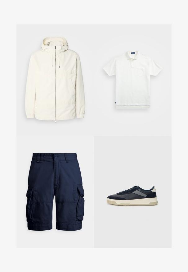 Gaisas, krēmkrāsas jaka ar kapuci, ar rāvējslēdzēju priekšpusē, elastīgām aprocēm un kangaroo kabatu. Gluda auduma virsma ar minimālām šuvju detaļām.; Balta polo krekls, izgatavots no kokvilnas, ar klasisku apkakli, trīs pogu aizdari un kreisajā krūtī kabatu; neliels logo apakšmalā.; Tumši zilas kravnesības šorti no izturīga auduma, ar sānu kabatām, pogas aizdari un šūtiem dekoratīviem elementiem tekstūrai.; BOSS BALTIMORE - Sporta apavi - open blue