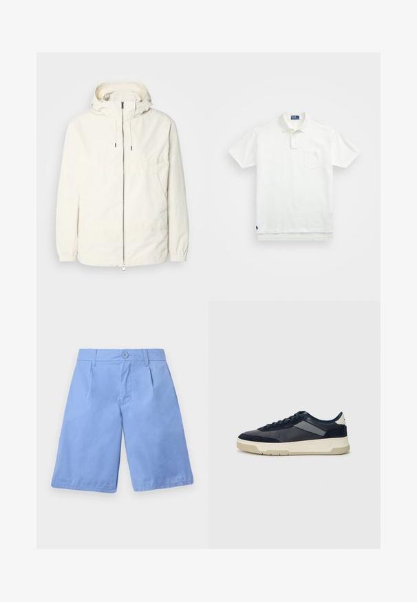 Gaisas, krēmkrāsas jaka ar kapuci, ar rāvējslēdzēju priekšpusē, elastīgām aprocēm un kangaroo kabatu. Gluda auduma virsma ar minimālām šuvju detaļām.; Balta polo krekls, izgatavots no kokvilnas, ar klasisku apkakli, trīs pogu aizdari un kreisajā krūtī kabatu; neliels logo apakšmalā.; Gaiši zili kokvilnas šorti ar plakanu priekšpusi, divām sānu kabatām un vienu pogu aizdari. Izceļas ar gludu tekstūru un taisnu griezumu kājām.; BOSS BALTIMORE - Sporta apavi - open blue