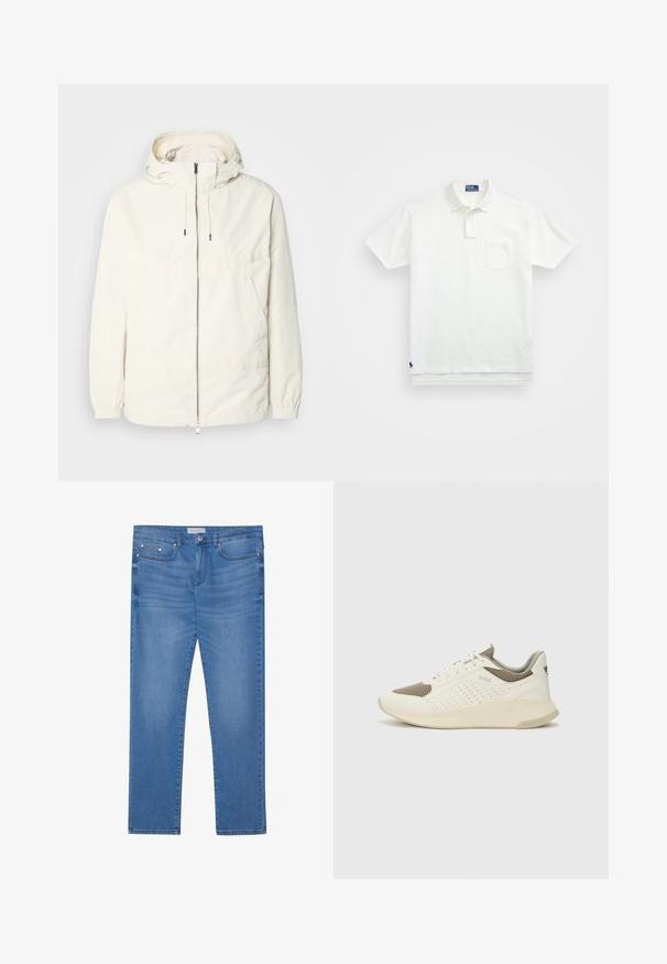 Kerge, kreemivärvi jakk, kapuutsiga, lukuga ees, elastsete mansettide ja känguru taskuga. Sile kangas minimaalsete õmblusdetailidega.; Valge polo särk, mis on valmistatud puuvillast, klassikalise kraega, kolme nööbiga kinnitusega ja vasakul rinnal taskuga; väike logo helmel.; Heledad sinised teksad sirge jala lõikega, viie tasku disainiga, kerge tuhmumisega ning metalsete detailide aktsentidega vööl ja taskutel.; Valge ja heledat beeži värvi spordijalats, millel on õhuke võrkmaterjal, perforatsioonidega detailid ning tekstuuriga vahetald, millel on brändi logo kannaosas.
