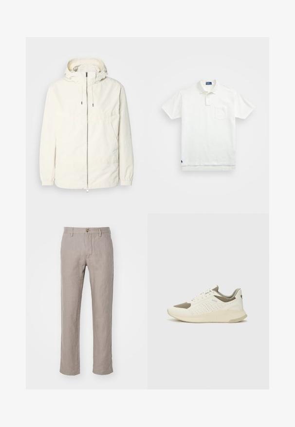 Jachetă ușoară, de culoare crem, cu glugă, fermoar în față, manșete elastice și buzunar tip kangaroo. Material neted cu detalii de cusătură minime.; Cămașă polo albă din bumbac, cu un guler clasic, placket cu trei nasturi și un buzunar pe pieptul stâng; logo mic pe tiv.; NN.07 THEO - Pantaloni - camel; Tenis sportivi alb și bej deschis, cu un înveliș din plasă, detalii perforate și o talpă intermediară texturată, având marcaj pe călcâi.
