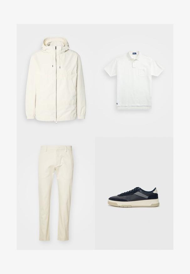 Leichte, cremefarbene Jacke mit Kapuze, Reißverschluss vorne, elastischen Bündchen und einer Kängurutasche. Glattes Gewebe mit minimalen Nähdetails.; Weißes Poloshirt aus Baumwolle, mit klassischem Kragen, Drei-Knopf-Leiste und einer linken Brusttasche; kleines Logo am Saum.; Beige Baumwollhosen mit geradem Bein, Reißverschluss vorne und flachen Taschen. Strukturierter Stoff mit glatter Oberfläche.; BOSS BALTIMORE - Sneaker low - open blue