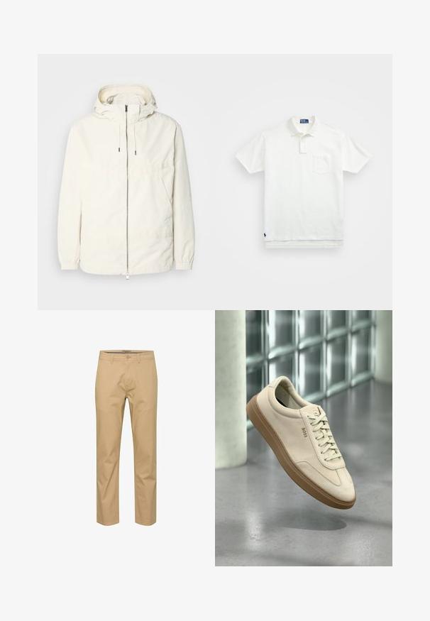 Giacca leggera di colore crema con cappuccio, chiusura frontale con zip, polsini elastici e tasca a marsupio. Tessuto liscio con dettagli di cucitura minimi.; Polo bianco in cotone, con colletto classico, placca con tre bottoni e taschino sul lato sinistro del petto; piccolo logo sull'orlo.; Chinos in cotone beige con design a gamba dritta, passanti per cintura, chiusura frontale con bottone e due tasche laterali. Texture liscia con minime pieghe.; Sneaker in pelle scamosciata beige chiaro con suola in gomma color caucciù, lacci evidenti e dettagli di cucitura sottili. Design pulito con estetica minimalista.