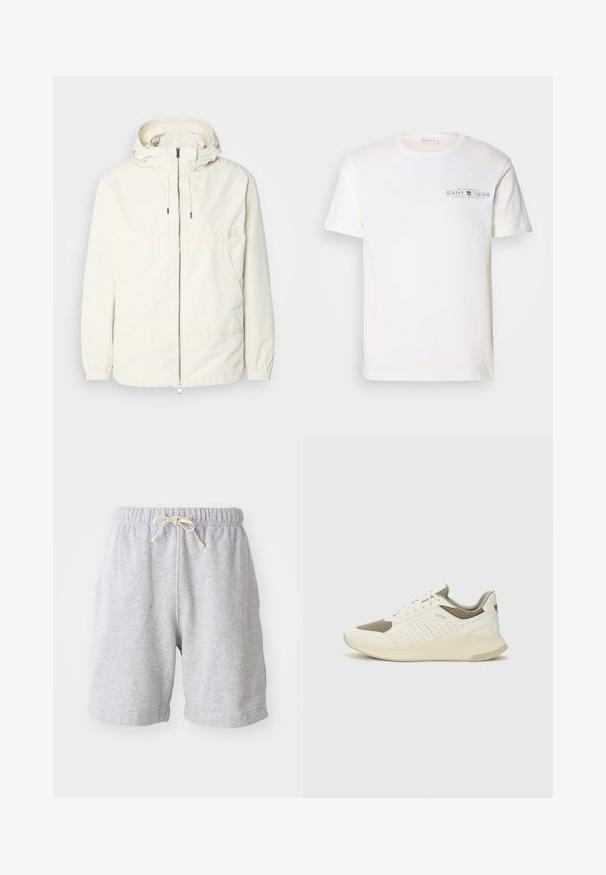 Veste légère de couleur crème avec capuche, fermeture éclair sur le devant, poignets élastiques et poche kangourou. Tissu lisse avec des détails de couture minimaux.; T-shirt en coton blanc avec un col rond, des manches courtes et un logo imprimé. Présente un design minimaliste et une coupe décontractée.; Shorts en coton gris avec taille élastique et cordon. Longueur mi-cuisse avec coutures latérales et texture douce. Pas de poches ni de motifs visibles.; Basket de sport blanche et beige clair, avec une tige en maille, des détails perforés et une semelle intermédiaire texturée avec un logo sur le talon.
