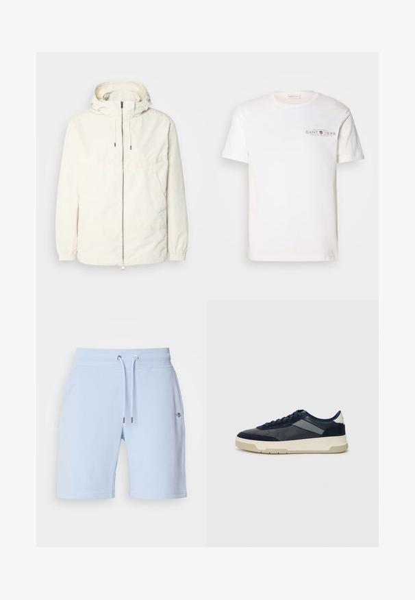 Letthvægts, cremefarvet jakke med hætte, lynlås fortil, elastiske manchetter og en kengurulomme. Glat stof med minimale stingdetaljer.; Hvid bomulds t-shirt med rund hals, korte ærmer og trykt logo. Har minimalistisk design og afslappet pasform.; Lyseblå shorts lavet af blødt stof, med en elastisk talje og snoretræk samt et lille logo på forsiden.; BOSS BALTIMORE - Sneakers - open blue