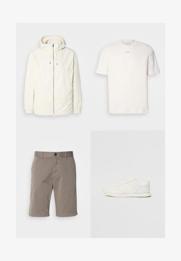 Lengvas, kreminės spalvos švarkas su kapišonu, užtrauktuku priekyje, elastingomis rankovėmis ir kengūros kišene. Lygus audinys su minimaliais siūlių detalėmis.; Balta medvilninė marškinėlių suapvalintu kaklu, trumpomis rankovėmis ir siuvinėtu "Calvin Klein" logotipu krūtinės centre. Paprastas dizainas.; Vyrų šortai šviesiai pilkos spalvos, pagaminti iš medvilnės. Turi mygtuko užsegimą, diržo kilpas ir lygų paviršių.; Balti sportbačiai su tinkline ir sintetine viršutine dalimi, apvaliu nosiu, plokščiomis raištelėmis ir tekstūruota šonine juosta. Guma, kurios padas su vilkimo kilpute gale.