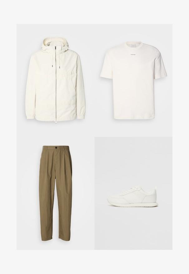 Kerge, kreemivärvi jakk, kapuutsiga, lukuga ees, elastsete mansettide ja känguru taskuga. Sile kangas minimaalsete õmblusdetailidega.; Valge puuvillane T-särk, millel on ümar kaelus, lühikesed varrukad ning rinnas keskel tikitud "Calvin Klein" logo. Üksluisus.; Khaki värvi sirged püksid, millel on voldid, vöökohad ja üks must nööp puusal, esitatud valgel taustal.; Valged tennisesid, millel on võrgust ja sünteetilisest materjalist ülemine osa, ümar varvas, lamedad paelad ja tekstureeritud külgmine triip. Kummist tallaosa, tagaküljel tõmbetab.