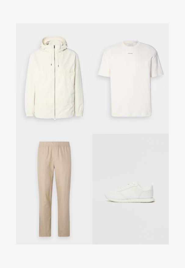 Lekka, kremowa kurtka z kapturem, zapinana na zamek, z elastycznymi mankietami i kieszenią typu kangur. Gładki materiał z minimalnymi detalami szwów.; Biała bawełniana koszulka z okrągłym dekoltem, krótkimi rękawami i haftowanym logo "Calvin Klein" na środku klatki piersiowej. Prosty wzór.; Beżowe lniane spodnie z elastycznym pasem, proste nogawki i minimalne szwy, co zapewnia gładką teksturę i lekkie uczucie.; Białe trampki z siateczkową i syntetyczną cholewką, okrągłym noskiem, płaskimi sznurowadłami oraz teksturowanym paskiem bocznym. Gumowa podeszwa z pętelką z tyłu.