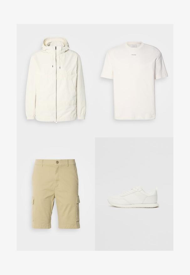 Jachetă ușoară, de culoare crem, cu glugă, fermoar în față, manșete elastice și buzunar tip kangaroo. Material neted cu detalii de cusătură minime.; Tricou alb din bumbac, cu guler rotund, mâneci scurte și logo-ul brodat "Calvin Klein" la mijlocul pieptului. Design simplu.; Pantaloni scurți cargo khaki, din bumbac, cu o textură netedă, având buzunare laterale și închidere cu nasture la talie.; Tenis alb cu un superior din plasă și material sintetic, vârf rotund, șireturi plate și o dungi texturată pe lateral. Talpă din cauciuc cu un tab la spate.