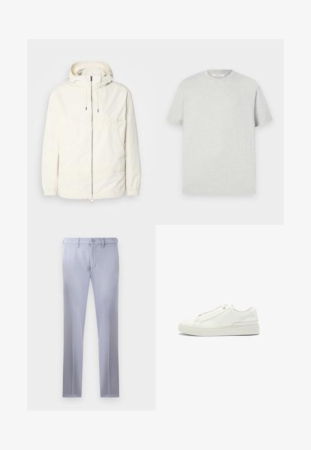 Lightweight, cream-colored jacket with a hood, zip front, elastic cuffs, and a kangaroo pocket. Smooth fabric with minimal stitching details.; Light grey short-sleeve t-shirt made of soft material, featuring a round crew neck and a relaxed fit with no visible patterns or accents.; Light gray tailored trousers made of smooth fabric, featuring a button closure, belt loops, and straight-leg design. No pockets visible.; White leather sneaker featuring a textured upper, a round toe, minimalistic design, and a rubber sole with stitched detailing.