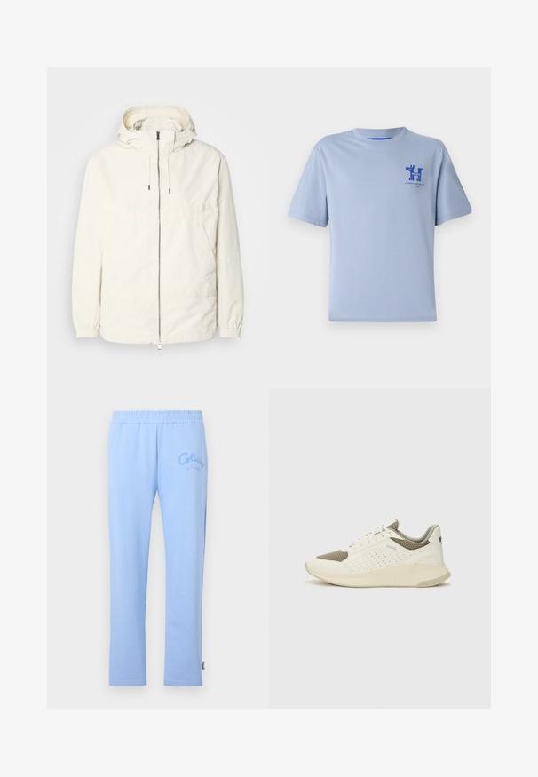 Lehká, krémově zbarvená bunda s kapucí, zipem vpředu, elastickými manžetami a klokaní kapsou. Hladká látka s minimem švových detailů.; Světle modré bavlněné tričko s krátkými rukávy, kulatým výstřihem a modrou potiskou na hrudi, která obsahuje text a designové prvky.; Světle modré bavlněné tepláky s elastickým pasem. Mají vyšitý logo "Colucci" na levé straně a rovný střih nohavic.; Bílé a světle béžové atletické tenisky, které mají síťovaný svršek, perforované detaily a texturovanou mezipodešev s logem na patě.