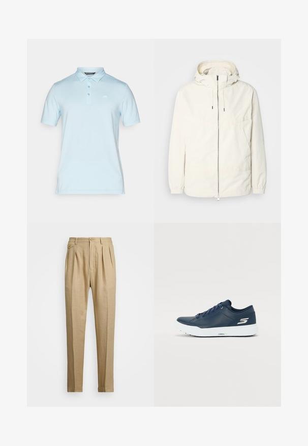 Lekka, kremowa kurtka z kapturem, zapinana na zamek, z elastycznymi mankietami i kieszenią typu kangur. Gładki materiał z minimalnymi detalami szwów.; Jasnoniebieska koszulka polo wykonana z miękkiej bawełny. Posiada kołnierzyk, krótkie rękawy i trzy guziki. Zawiera małe logo na piersi.; Beżowe lniane spodnie o prostym kroju, z dwoma fałdami z przodu, z zapięciem na guzik i kieszeniami po bokach. Teksturowana tkanina o gładkim wykończeniu.; Granatowe trampki z gładkiego syntetycznego materiału, z wyściółką wokół kostki i białą podeszwą. Ozdobione logo z boku oraz płaskimi sznurówkami zapewniającymi pewne dopasowanie.
