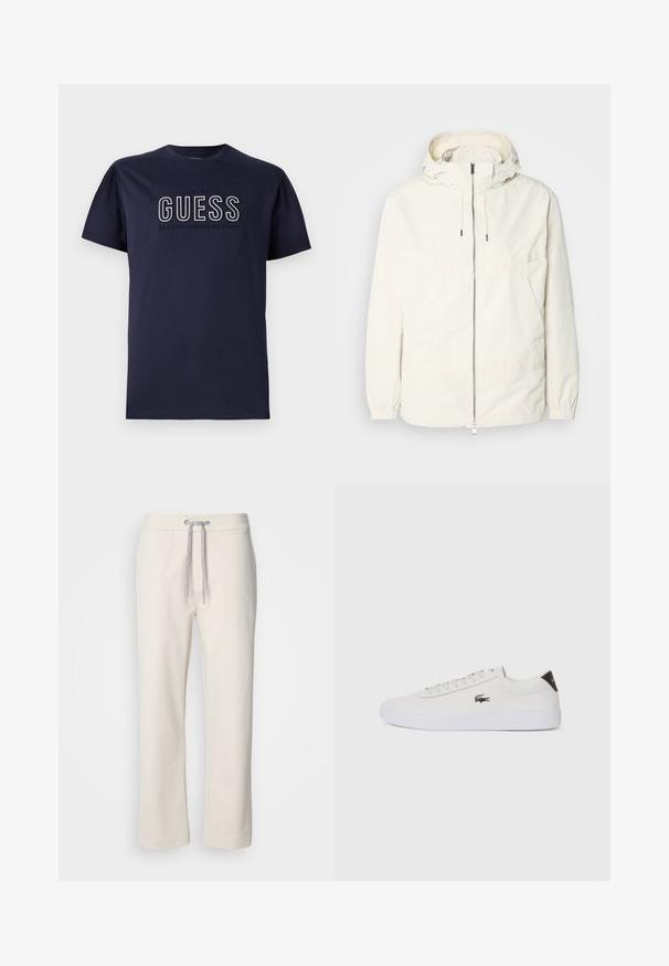 Lightweight, cream-colored jacket with a hood, zip front, elastic cuffs, and a kangaroo pocket. Smooth fabric with minimal stitching details.; Navy blue cotton t-shirt with short sleeves, featuring a raised "GUESS" logo and text "CLASSIC AMERICAN STYLE" in white and grey. Plain design.; Cream-colored casual pants with a drawstring waist and straight legs, displayed against a plain white background.; White leather sneaker with round toe, lace-up front, and black heel accent. Features a small embroidered crocodile logo on the side.