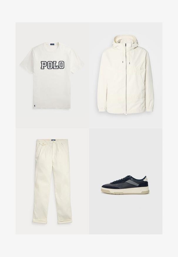 Ľahká, krémová bunda s kapucňou, zipsom vpredu, elastickými manžetami a klokannou vreckom. Hladká tkanina s minimálnymi stehovými detailmi.; Biela bavlnená tričko s krátkymi rukávmi, na prednej strane s potlačou "POLO" v námorníckej farbe a s malým námorníckym logom v dolnom ľavom rohu.; Krémové manšestrové nohavice s záhybmi, bočnými vreckami, vreckom so zapínacím klopou a zloženými manžetami, uložené na bielom pozadí.; BOSS BALTIMORE - Tenisky - open blue