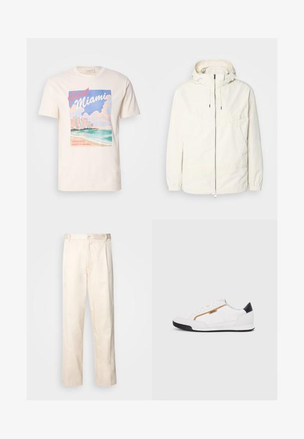 Leichte, cremefarbene Jacke mit Kapuze, Reißverschluss vorne, elastischen Bündchen und einer Kängurutasche. Glattes Gewebe mit minimalen Nähdetails.; Cremfarbener Baumwoll-T-Shirt mit grafischem Druck der Miami Skyline, Wellen und Wolken in Pastellfarben, mit dem Text "GANT Miami" und "Grüße aus Florida".; Beige Baumwollhose mit geradem Bein, ausgestattet mit einem Knopfverschluss und Falten an der Vorderseite für zusätzliche Details.; Weiße Sportschuhe mit Mesh- und Lederelementen. Ausgestattet mit einem goldenen "BOSS"-Logo, strukturierten Seitenpaneelen und einer schwarzen Fersenkappe. Gummisohle.