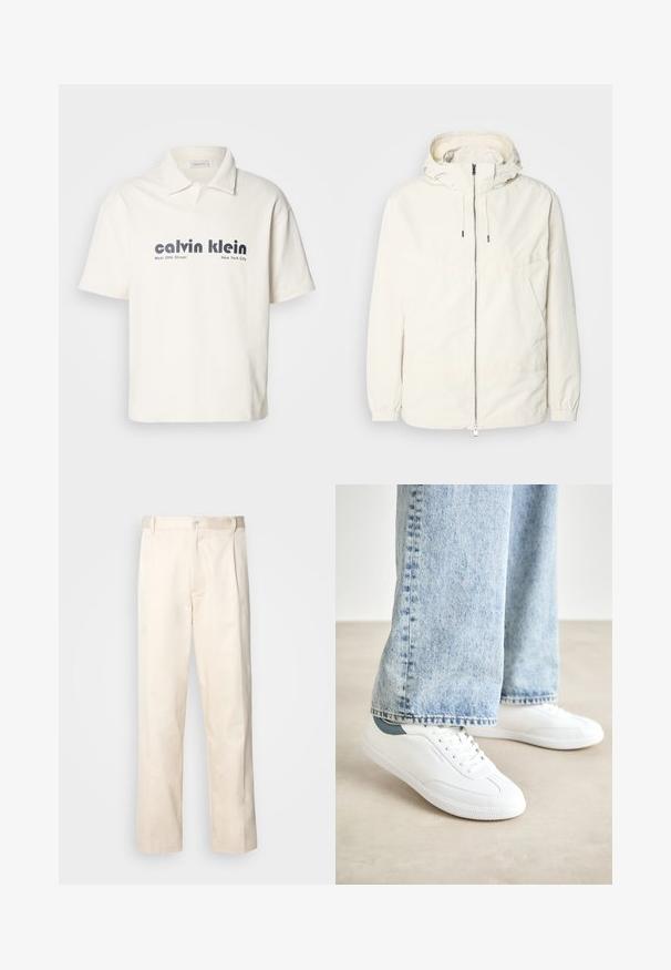 Kerge, kreemivärvi jakk, kapuutsiga, lukuga ees, elastsete mansettide ja känguru taskuga. Sile kangas minimaalsete õmblusdetailidega.; Kreemivärvi polo-särk lühikeste varrukatega, millel on kontrastne tumehall "calvin klein" logo ja tekst, valmistatud siledast puuvillamaterjalist.; Beesidised puuvillased püksid sirge jala lõikega, mis on varustatud nööpkinnituse ja ees olevate voltidega, et lisada detaili.; Valged spordijalatsid sileda materjaliga, nööridega mudel, tekstuurne kummitald ja türkiissinine aksent kandadel, koos heledate siniste teksadega.