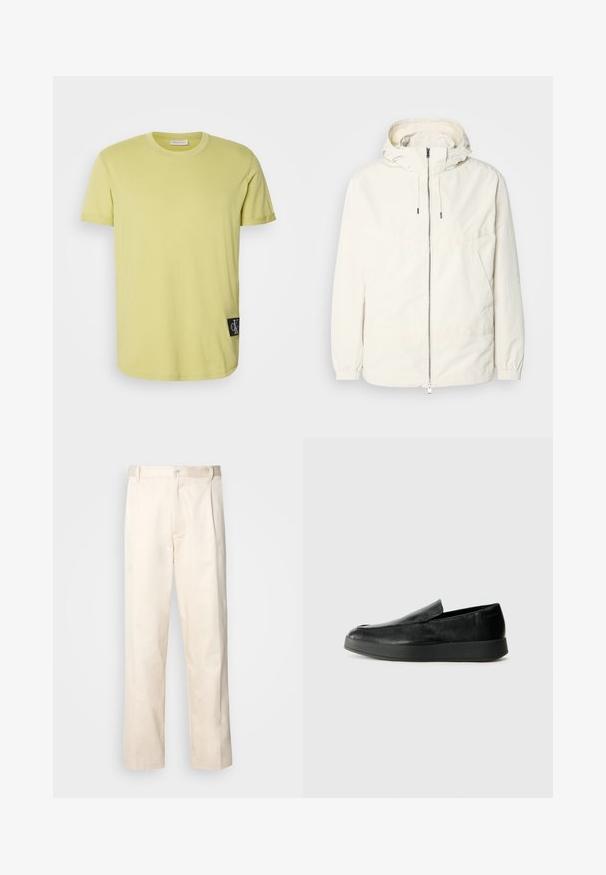 Jachetă ușoară, de culoare crem, cu glugă, fermoar în față, manșete elastice și buzunar tip kangaroo. Material neted cu detalii de cusătură minime.; Tricou din bumbac verde lime, cu guler rotund, mâneci scurte și un patch cu logo-ul CK negru, situat pe partea stângă, aproape de tiv.; Pantaloni din bumbac bej, cu croială dreaptă, dotati cu închidere cu nasture și pliuri în față pentru un plus de detaliu.; Calvin Klein HYBRID CUP - Pantofi slip-on - triple black