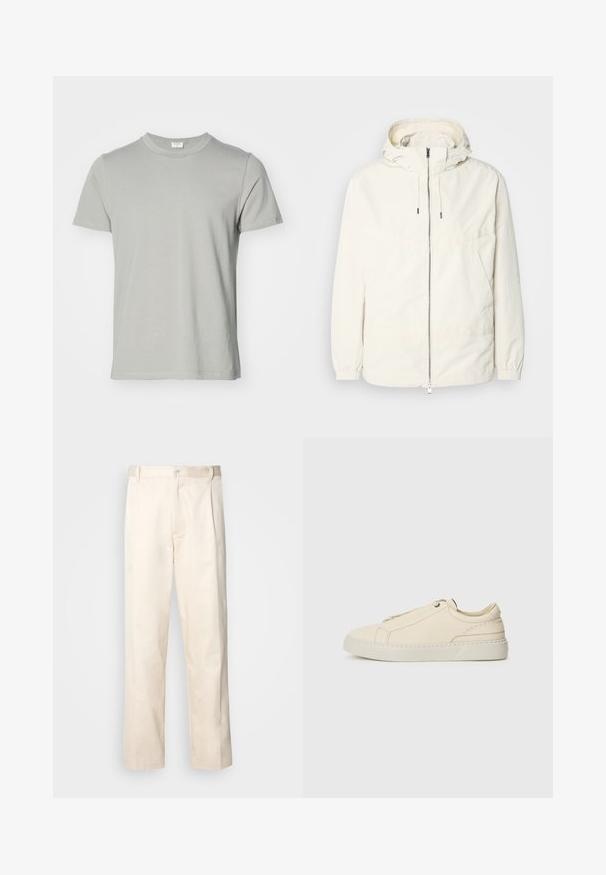 Giacca leggera di colore crema con cappuccio, chiusura frontale con zip, polsini elastici e tasca a marsupio. Tessuto liscio con dettagli di cucitura minimi.; T-shirt a maniche corte in cotone grigio chiaro con scollo rotondo e orlo diritto. Tessuto liscio, senza motivi o hardware visibili.; Pantaloni in cotone beige con taglio dritto, dotati di chiusura a bottone e pence sul davanti per un tocco di dettaglio in più.; Sneaker in pelle beige con punta arrotondata, design minimalista, dettagli di cucitura sottili e una parte superiore testurizzata, su una suola chiara.