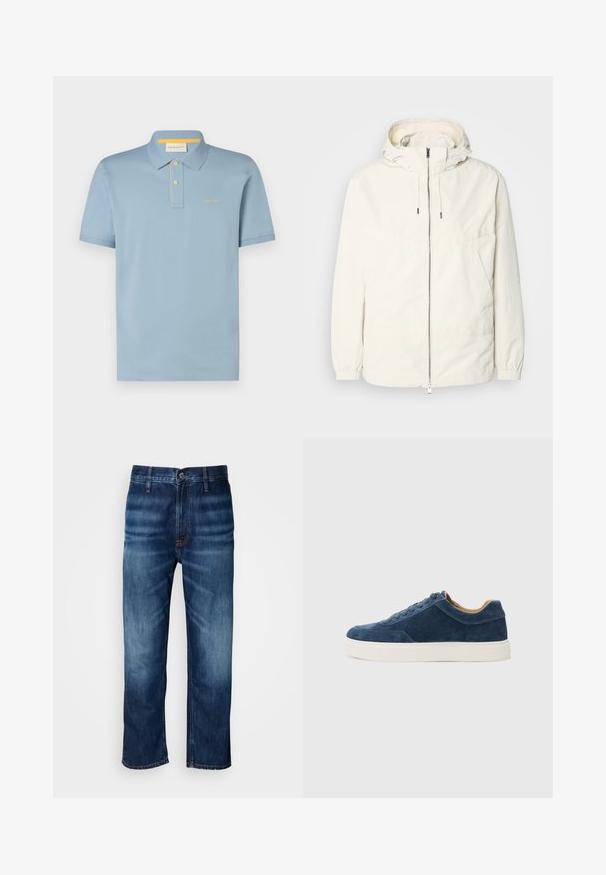 Ελαφριά, κρεμ τζάκετ με κουκούλα, φερμουάρ μπροστά, ελαστικούς μανσέτες και τσέπη καγκουρό. Λείο ύφασμα με ελάχιστες ραφές.; Ανοιχτό μπλε πόλο μπλούζα με γιακά, κοντά μανίκια και κίτρινες λεπτομέρειες. Διαθέτει μπροστινή πλακέτα με δύο κουμπιά και κεντημένο λογότυπο.; Σκούρες μπλε τζιν παντελόνες με ίσια γραμμή και διακριτική φθορά στα μηριά, με κουμπί στο λάστιχο της μέσης, εκτεθειμένες σε λευκό φόντο.; Μπλε σουέτ αθλητικά παπούτσια με λευκή καουτσούκ σόλα, σχέδιο με κορδόνια, στρογγυλή μύτη και αντίθεση καφέ εσωτερικό. Διακριτές ραφές.