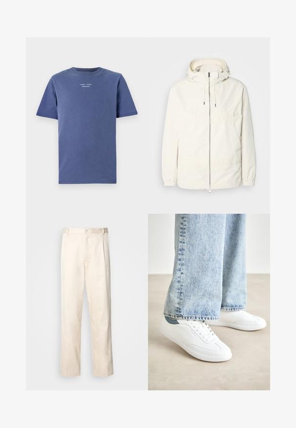 Kevyt, kermaisen valkoinen takki, jossa on huppu, vetoketjusuljenta, joustavat hihansuut ja kengurupocket. Sujuva kangas, jossa on minimaalista ompelutapaa.; T-paita tummansinisestä puuvillasta, lyhyet hihat. Ominaisuudet: pyöreä kaula-auko ja pieni valkoinen teksti rinnassa: "SAMSØE SAMSØE COPENHAGEN."; Vaaleanbeige puuvillahousut, joissa on suora lahje, varustettu nappisulkeisella ja etupuolella olevilla laskoksilla lisäyksinä.; Valkoiset lenkkarit, joissa on sileä materiaali, nauhakiinnitys, teksturoitu kumipohja ja tealia korostava elementti kantapäässä, yhdistettynä vaaleansinihin farkkuihin.