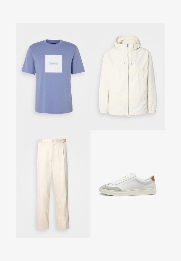 Lightweight, cream-colored jacket with a hood, zip front, elastic cuffs, and a kangaroo pocket. Smooth fabric with minimal stitching details.; Light blue cotton t-shirt with a square white patch displaying "BARBOUR INTERNATIONAL" in blue text. Round neckline and short sleeves.; Beige cotton trousers with a straight-leg cut, featuring a button closure and pleats at the front for added detail.; White leather sneakers with gray suede accents and a tan leather heel tab. Features a textured surface and lightweight sole.