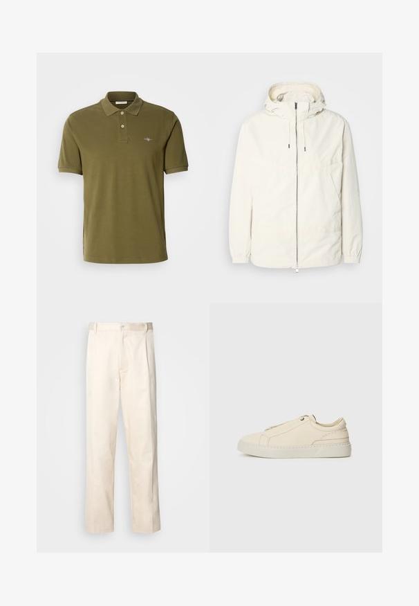 Ľahká, krémová bunda s kapucňou, zipsom vpredu, elastickými manžetami a klokannou vreckom. Hladká tkanina s minimálnymi stehovými detailmi.; Olívovo zelená polo košeľa z bavlny, so zúženými rukávmi a výstrihom na tri gombíky, s vyšitým logom na ľavej hrudi.; Béžové bavlnené nohavice so strihom rovného nohu, s gombíkovým zapínaním a záhybmi vpredu pre pridanie detailu.; Beige kožené tenisky s okrúhlou špičkou, minimalistickým dizajnom, jemnými švy a textúrovaným povrchom, na svetlej podrážke.