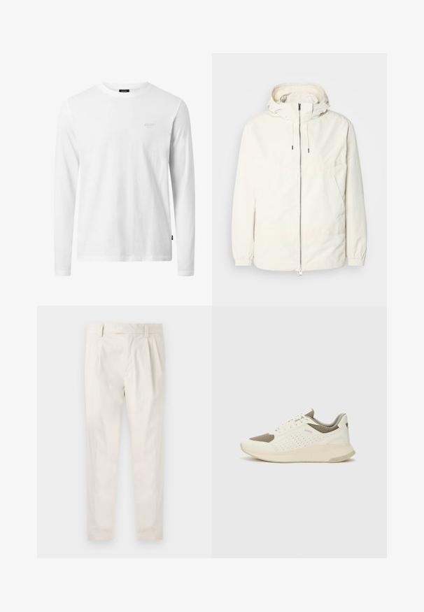 Kerge, kreemivärvi jakk, kapuutsiga, lukuga ees, elastsete mansettide ja känguru taskuga. Sile kangas minimaalsete õmblusdetailidega.; Valge pikka varrukatega t-särk, mis on valmistatud puuvillast, ümar kaelus, pehme tekstuur ja diskreetne logo rinnal. Lihtne, klassikaline disain.; Valged volditud püksid, mis on kohandatud sobivusega, sujuva tekstuuriga, vööloopidega ja kitsenevate jalgadega. Pole nähtavaid taskuid ega mustreid.; Valge ja heledat beeži värvi spordijalats, millel on õhuke võrkmaterjal, perforatsioonidega detailid ning tekstuuriga vahetald, millel on brändi logo kannaosas.
