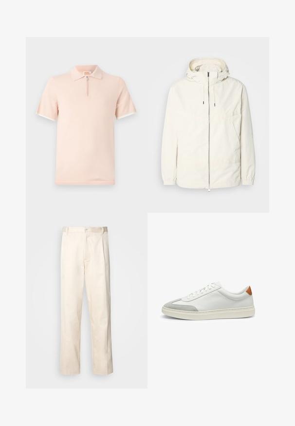 Giacca leggera di colore crema con cappuccio, chiusura frontale con zip, polsini elastici e tasca a marsupio. Tessuto liscio con dettagli di cucitura minimi.; Polo in tessuto rosa chiaro, con chiusura a zip corta e dettagli bianchi a contrasto sulle maniche e sul colletto.; Pantaloni in cotone beige con taglio dritto, dotati di chiusura a bottone e pence sul davanti per un tocco di dettaglio in più.; Sneakers bianchi in pelle con accenti in suede grigio e un tallone in pelle beige. Presentano una superficie testurizzata e una suola leggera.