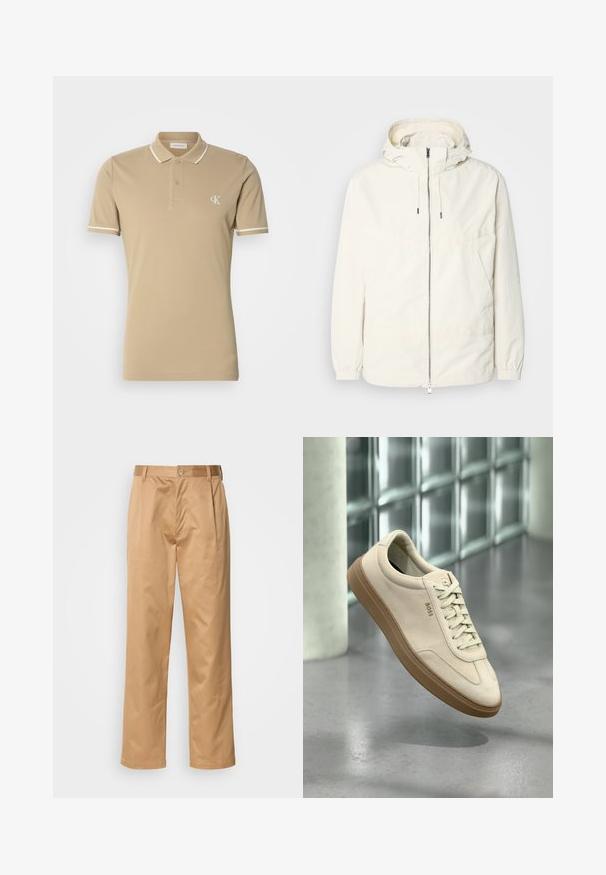 Lengvas, kreminės spalvos švarkas su kapišonu, užtrauktuku priekyje, elastingomis rankovėmis ir kengūros kišene. Lygus audinys su minimaliais siūlių detalėmis.; Bežo polo marškiniai, pagaminti iš medvilnės, su baltais akcentais ant apykaklės ir rankovių. Yra dviejų mygtukų užsegimas ir mažas logotipas ant krūtinės.; Kaki kelnės, medvilnės mišinys, tiesaus kirpimo dizainas, priekiniai raukiniai, diržo kilpos ir mygtuko uždarymas. Lygus audinys be raštų.; Šviesios smėlio spalvos zomšiniai sportbačiai su gumine pado dalimi, išryškintomis raištelėmis ir subtiliais siuvimo elementais. Švarus dizainas su minimalistine estetika.
