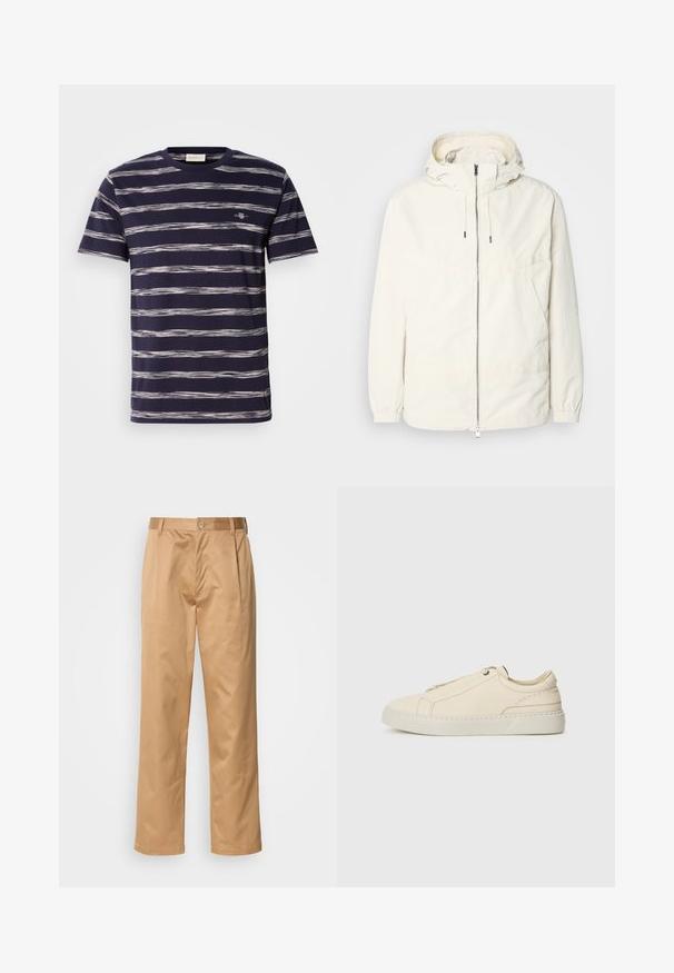 Lightweight, cream-colored jacket with a hood, zip front, elastic cuffs, and a kangaroo pocket. Smooth fabric with minimal stitching details.; Navy blue short-sleeve t-shirt with horizontal white and light gray stripes; features a small logo on the chest. Soft cotton fabric.; Khaki trousers, cotton blend, straight-leg design, front pleats, belt loops, and button closure. Smooth texture with no patterns.; Beige leather sneaker with a rounded toe, minimalistic design, subtle stitching details, and a textured upper, on a light sole.