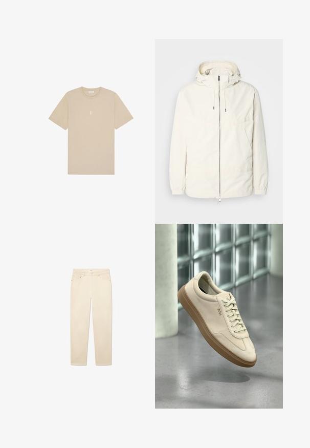 Jachetă ușoară, de culoare crem, cu glugă, fermoar în față, manșete elastice și buzunar tip kangaroo. Material neted cu detalii de cusătură minime.; Tricou din bumbac bej, cu mâneci scurte și guler rotund. Prezintă o grafică mică, centrată, "II" într-o nuanță mai deschisă.; Jeans din denim alb-bej cu croi drept, având cinci buzunare, închidere cu nasture și fermoar, și detalii de cusătură subtile.; Pantof sport din piele întoarsă bej deschis cu talpă din cauciuc gumă, șireturi proeminente și detalii subtile de cusături. Design curat cu estetică minimalistă.