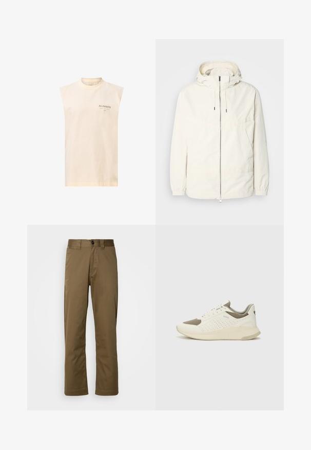 Könnyű, tejszínszínű dzseki kapucnival, cipzáras elülső résszel, rugalmas mandzsettákkal és kenguruzsebbel. Simaszerű anyag minimális varrási részletekkel.; Tej nélküli, krém színű pamut felső kerek nyakkal. Diszkrét sötétzöld logónyomás található a bal mellen. Sima tapintású.; Barna, egyenes szárú nadrág szövetből készült. Jellemzői a gombos záródás, oldalsó zsebek és a sima textúra. Testhez simuló szabás.; Fehér és világos bézs sportcipő, légies hálós felsőrésszel, perforált részletekkel és texturált középtalppal, amelyen a saroknál a márka logója található.