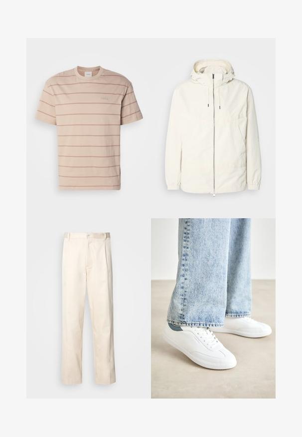 Ľahká, krémová bunda s kapucňou, zipsom vpredu, elastickými manžetami a klokannou vreckom. Hladká tkanina s minimálnymi stehovými detailmi.; Krátky rukáv, tričko béžovej farby s okrúhlym výstrihom, s svetloružovými horizontálnymi pruhmi a malou nálepkou vpredu. Vyrobené z mäkkej bavlnenej tkaniny.; Béžové bavlnené nohavice so strihom rovného nohu, s gombíkovým zapínaním a záhybmi vpredu pre pridanie detailu.; Biele tenisky s hladkým materiálom, šnurovací dizajn, textúrovaná gumová podrážka a tyrkysový akcent na päte, skombinované s svetlomodrými džínami.