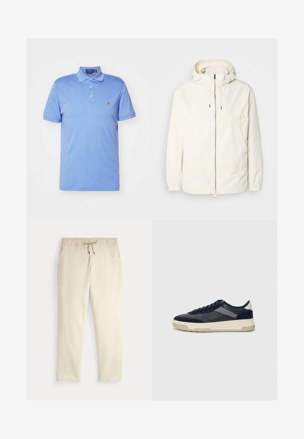 Lengvas, kreminės spalvos švarkas su kapišonu, užtrauktuku priekyje, elastingomis rankovėmis ir kengūros kišene. Lygus audinys su minimaliais siūlių detalėmis.; Šviesiai mėlynas medvilninis polo marškinėliai, turintys apykaklę, tris mygtukus ir mažą siuvinėtą logotipą kairėje krūtinės pusėje.; Oficialiai balti kasdieniniai kelnės su elastiniu juosmeniu ir raišteliu, tiesiomis kojomis ir šoninėmis kišenėmis prieš paprastą foną.; BOSS BALTIMORE - Sportbačiai - open blue