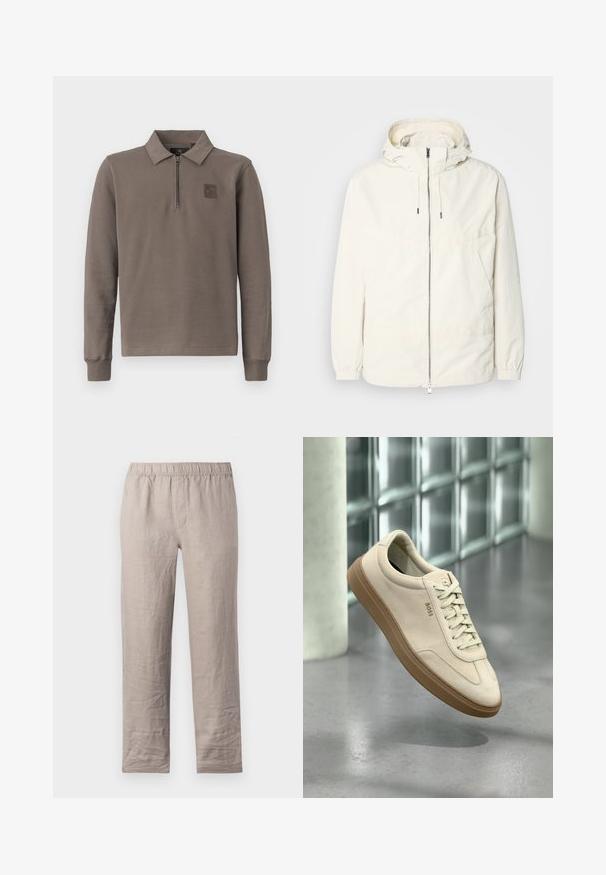 Lehká, krémově zbarvená bunda s kapucí, zipem vpředu, elastickými manžetami a klokaní kapsou. Hladká látka s minimem švových detailů.; Hnědá polokošile s dlouhým rukávem a čtvrtkovým zipem, malou nášivkou na levém hrudníku, vystavená na bílém pozadí.; Svetle béžové lněné kalhoty s elasticým pasem, rovný střih nohou a bez viditelných kapes. Hladká textura s mírnými pomačkáními.; Světlé béžové tenisky z semiše s podrážkou z gumy, výraznými tkaničkami a jemnými šicími detaily. Čistý design s minimalistickou estetikou.
