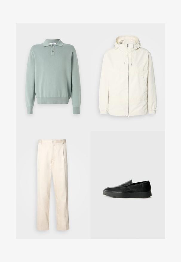 Chaqueta ligera de color crema con capucha, cierre de cremallera en la parte delantera, puños elásticos y un bolsillo tipo canguro. Tejido suave con detalles de costura mínimos.; Suéter de punto verde claro con cuello tipo polo, dos botones, puños y dobladillo acanalados. Textura suave y ajuste relajado.; Pantalones de algodón beige con corte recto, que cuentan con un cierre de botón y pliegues en la parte frontal para un detalle adicional.; Calvin Klein HYBRID CUP - Zapatos sin cordones - triple black