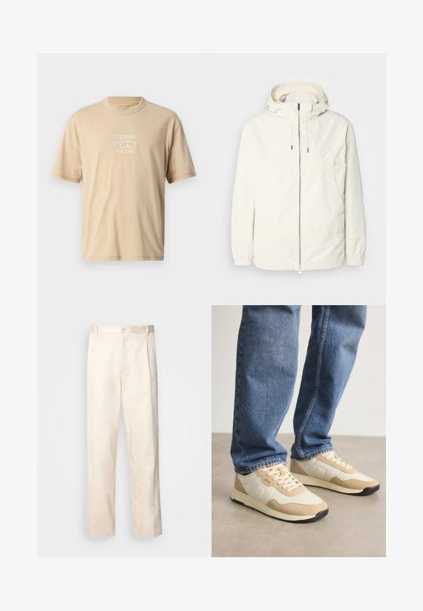 Kevyt, kermaisen valkoinen takki, jossa on huppu, vetoketjusuljenta, joustavat hihansuut ja kengurupocket. Sujuva kangas, jossa on minimaalista ompelutapaa.; Vaaleanbeige puuvillainen t-paita lyhyillä hihoilla, jossa on valkoinen brodeerattu teksti: "GUESS CALIFORNIA L.A. Est.1981" edessä. Pyöreä pääntie.; Vaaleanbeige puuvillahousut, joissa on suora lahje, varustettu nappisulkeisella ja etupuolella olevilla laskoksilla lisäyksinä.; Sneakers beige dan krem dengan bahan suede dan mesh, memiliki sol yang tekstur dan aksen ton yang senada, dipadukan dengan celana jeans denim biru.