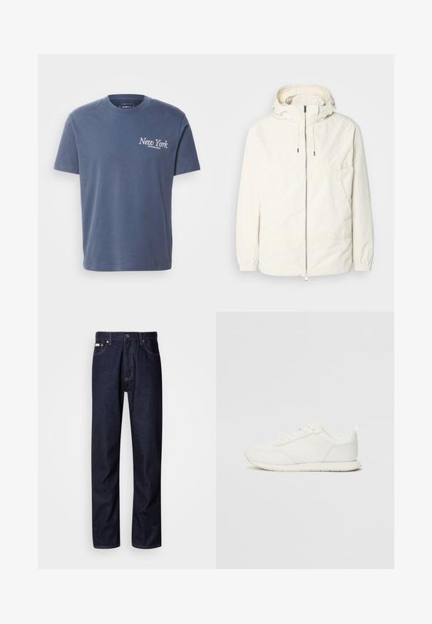 Kerge, kreemivärvi jakk, kapuutsiga, lukuga ees, elastsete mansettide ja känguru taskuga. Sile kangas minimaalsete õmblusdetailidega.; Tumesinine puuvillane T-särk lühikeste varrukatega, ümmarguse kaelusega ja valge "New York" prindi ning vasakul rinnal. Sile tekstuur, klassikaline lõige.; Tumed sinine denimist teksapüksid sirge sääre disainiga, mis on varustatud nööbiluku, viie tasku ja kontrastsete õmblustega detailidega.; Valged tennisesid, millel on võrgust ja sünteetilisest materjalist ülemine osa, ümar varvas, lamedad paelad ja tekstureeritud külgmine triip. Kummist tallaosa, tagaküljel tõmbetab.