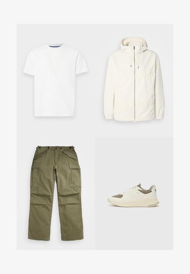 Lehká, krémově zbarvená bunda s kapucí, zipem vpředu, elastickými manžetami a klokaní kapsou. Hladká látka s minimem švových detailů.; Bílý tričko s krátkým rukávem vyrobené z bavlny. Má kulatý výstřih s modrým vnitřním lemem a jemně vyšitým logem na hrudi.; Olivově zelené cargo kalhoty vyrobené z texturované látky, s několika předními a bočními kapsami a zesíleným švem na švech.; Bílé a světle béžové atletické tenisky, které mají síťovaný svršek, perforované detaily a texturovanou mezipodešev s logem na patě.