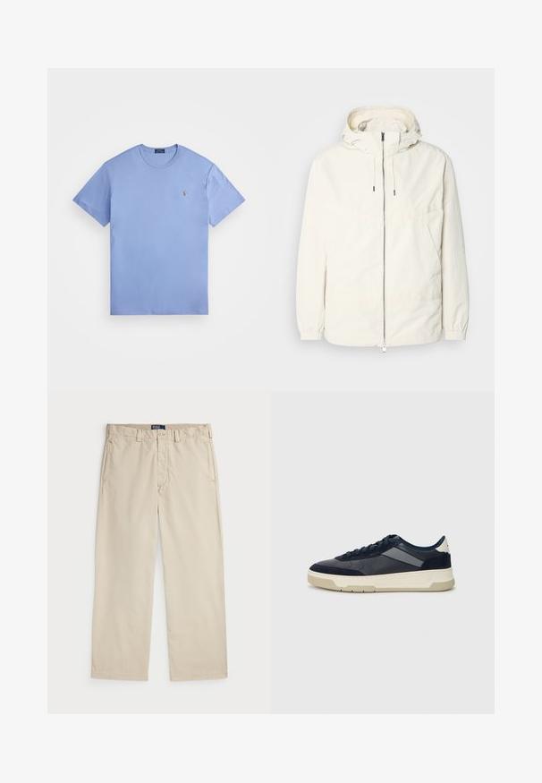 Lightweight, cream-colored jacket with a hood, zip front, elastic cuffs, and a kangaroo pocket. Smooth fabric with minimal stitching details.; Light blue cotton t-shirt with short sleeves, crew neckline, and a small embroidered logo on the left chest. Smooth texture and classic fit.; Beige cotton chinos with a straight leg design, featuring a button closure and two front pockets. Smooth texture and solid color.; BOSS BALTIMORE - Trainers - open blue