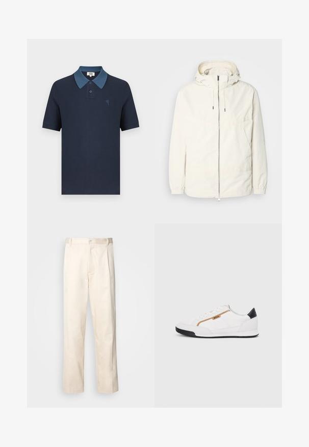 Könnyű, tejszínszínű dzseki kapucnival, cipzáras elülső résszel, rugalmas mandzsettákkal és kenguruzsebbel. Simaszerű anyag minimális varrási részletekkel.; Tengerészkék galléros póló kontrasztos kék gallérral, rövid ujjal, texturált anyagból, a mellkason egy kis hímzett szív mintával.; Beige pamut nadrág egyenes szárú kivágással, gombos záródással és elülső redőkkel a részletek fokozása érdekében.; Fehér sportcipők, hálós és bőr díszítésekkel. Kiemelkedő arany "BOSS" logó, textúrázott oldalpanelekkel és fekete sarokkal. Gumi talp.