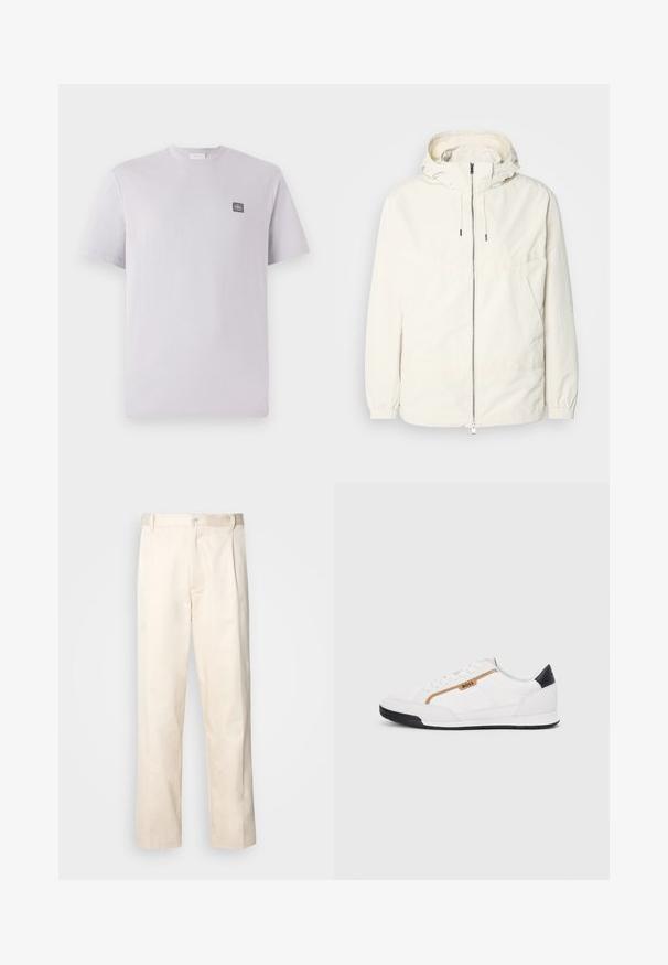 Könnyű, tejszínszínű dzseki kapucnival, cipzáras elülső résszel, rugalmas mandzsettákkal és kenguruzsebbel. Simaszerű anyag minimális varrási részletekkel.; Világos levendula színű, rövid ujjú pamut póló, kerek nyakkivágással és egy kis sötét logóval a bal mellen. Sima tapintású.; Beige pamut nadrág egyenes szárú kivágással, gombos záródással és elülső redőkkel a részletek fokozása érdekében.; Fehér sportcipők, hálós és bőr díszítésekkel. Kiemelkedő arany "BOSS" logó, textúrázott oldalpanelekkel és fekete sarokkal. Gumi talp.