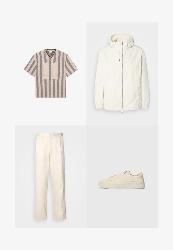 Lengvas, kreminės spalvos švarkas su kapišonu, užtrauktuku priekyje, elastingomis rankovėmis ir kengūros kišene. Lygus audinys su minimaliais siūlių detalėmis.; Kreminės ir pilkos juostelės trumpomis rankovėmis V formos kaklo marškiniai. Priekyje pavaizduotas skaičius "11" iš tekstūruotos medžiagos. Minkšta medžiaga ir laisvas kirpimas.; Bežinės medvilninės kelnės su tiesiu kirpimu, turinčios mygtuko uždarymą ir priekyje raukšles papildomai dekoratyviam akcentui.; Kreminio odos sportbačiai su apvaliu nosiu, minimalistiniu dizainu, subtiliomis siuvimo detalėmis ir tekstūrine viršutine dalimi, ant šviesios pado.