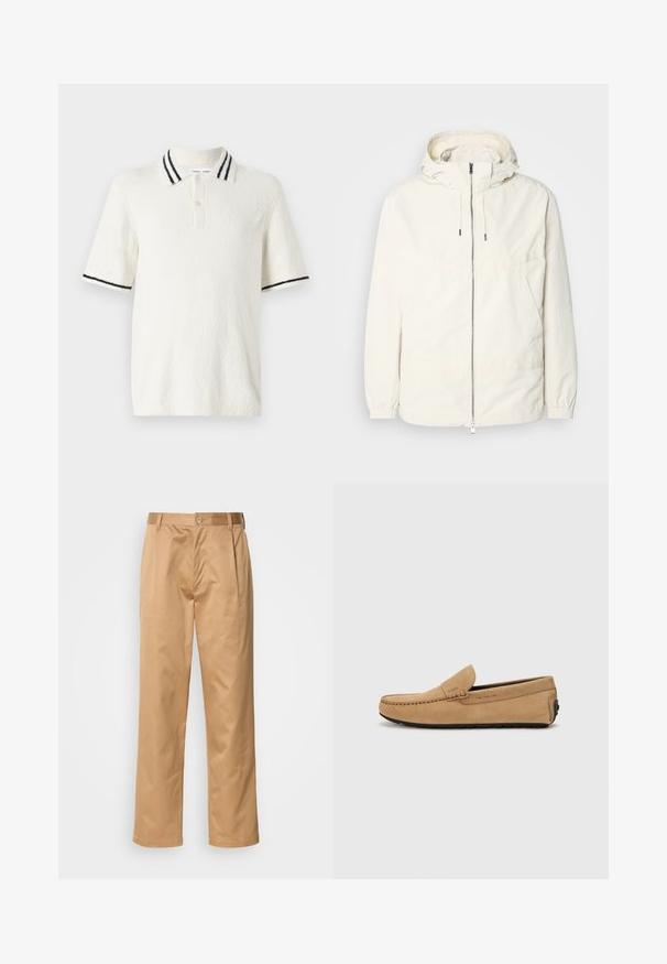 Kerge, kreemivärvi jakk, kapuutsiga, lukuga ees, elastsete mansettide ja känguru taskuga. Sile kangas minimaalsete õmblusdetailidega.; Lühikeste varrukatega polo särk kreemja tekstuuriga kangast, millel on kudumiskrae kahe musta triibuga ja kolme nupuga kinnitamine.; Khekilõngid, puuvilla segu, sirge jala disain, ees olevad voldid, vööloopid ja nupuga sulg. Sile tekstuur ilma mustriteta.; Beige suédist mokasiinijalanõud, millel on tikitud varvas, libisemisega disain ja must kummitald. Küljel on discrète bränding.