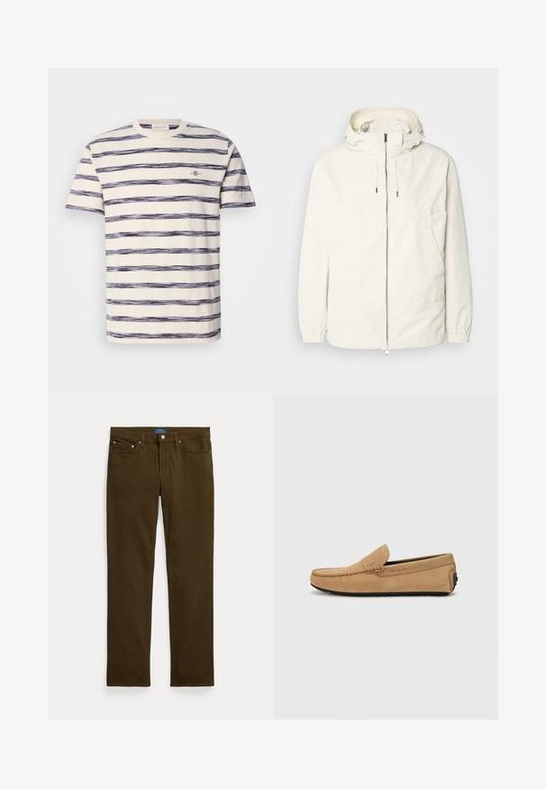 Lightweight, cream-colored jacket with a hood, zip front, elastic cuffs, and a kangaroo pocket. Smooth fabric with minimal stitching details.; Striped short-sleeve t-shirt in cream with navy-blue uneven horizontal stripes, featuring a small logo on the chest. Soft cotton fabric.; Brown cotton jeans with a straight leg cut, featuring a zipper fly, two front pockets, and a branded waistband tag.; Beige suede moccasin shoe with a stitched toe, slip-on design, and black rubber sole. Features subtle branding on the side.