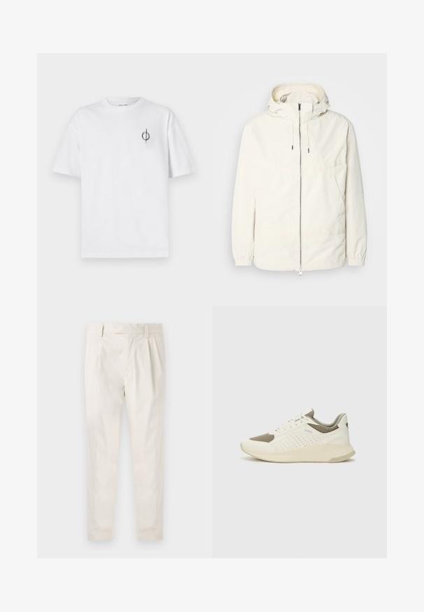 Lengvas, kreminės spalvos švarkas su kapišonu, užtrauktuku priekyje, elastingomis rankovėmis ir kengūros kišene. Lygus audinys su minimaliais siūlių detalėmis.; Balta medvilninė marškinė su laisvu siluetu, su mažą juodą grafiką logotipą kairėje krūtinės pusėje. Trumpomis rankovėmis, apvaliu kaklu.; Balti, susiūtos kelnes, turinčios pritaikytą siluetą, pasižyminčias lygia tekstūra, dirželio kilpomis ir siaurėjančiomis kojomis. Nėra matomų kišenių ar raštų.; Baltas ir šviesiai bežinis sportinis kedas, su tinklo viršumi, perforuotais detalėmis ir tekstūruotu tarpine su logotipu ant kulno.