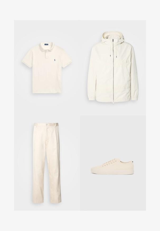 Lehká, krémově zbarvená bunda s kapucí, zipem vpředu, elastickými manžetami a klokaní kapsou. Hladká látka s minimem švových detailů.; Polo Ralph Lauren THE ICONIC MESH POLO SHIRT - Polotričko - herbal milk; Bežové bavlněné kalhoty se střihy rovného nohavice, s knoflíkovým zapínáním a záhyby vpředu pro zvýraznění detailu.; Béžové plátěné tenisky s kulatou špičkou, plochou gumovou podrážkou a šněrováním vpředu. Mají minimalisticý design a kontrastní černý akcent na patě.