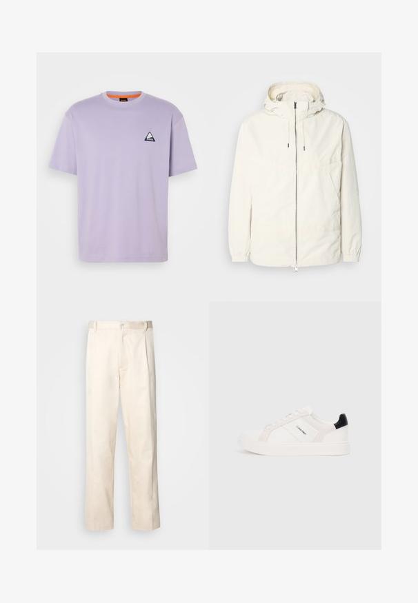 Gaisas, krēmkrāsas jaka ar kapuci, ar rāvējslēdzēju priekšpusē, elastīgām aprocēm un kangaroo kabatu. Gluda auduma virsma ar minimālām šuvju detaļām.; Lavandas kokvilnas T-krekls ar apaļu izgriezumu, īsām piedurknēm un trīsstūra formas tumši zilā krāsā logo uz krūtīm. Gluda, viegla auduma.; Bežā krāsā auduma bikses ar taisnu kāju griezumu, pievienotām pogu aizdares un priekšējiem krokām papildu detaļām.; Baltās kedas ar gaiši rozā un melniem akcentiem, ar gludu ādu un zamšādas paneļiem, apaļu purngalu un plakanu gumijas zoli.