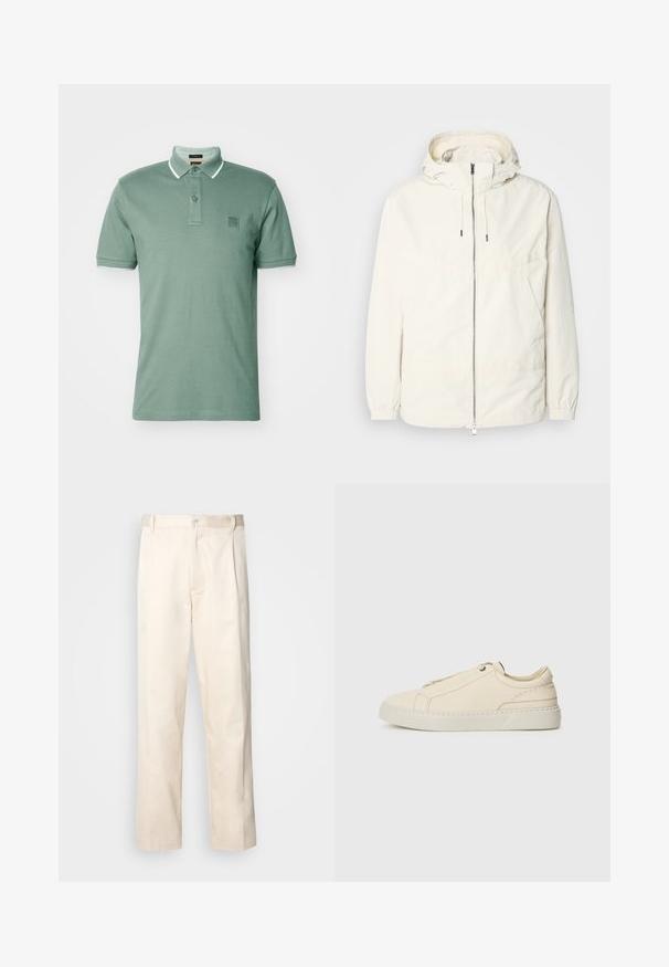 Lekka, kremowa kurtka z kapturem, zapinana na zamek, z elastycznymi mankietami i kieszenią typu kangur. Gładki materiał z minimalnymi detalami szwów.; BOSS PASSERTIP zielony; Beżowe bawełniane spodnie o prostym kroju nogawki, z zapięciem na guziki i plisami z przodu dla dodatkowego zdobienia.; Beżowe skórzane sneakersy z zaokrąglonym noskiem, minimalistycznym designem, subtelnymi przeszyciami i teksturowaną cholewką, na jasnej podeszwie.