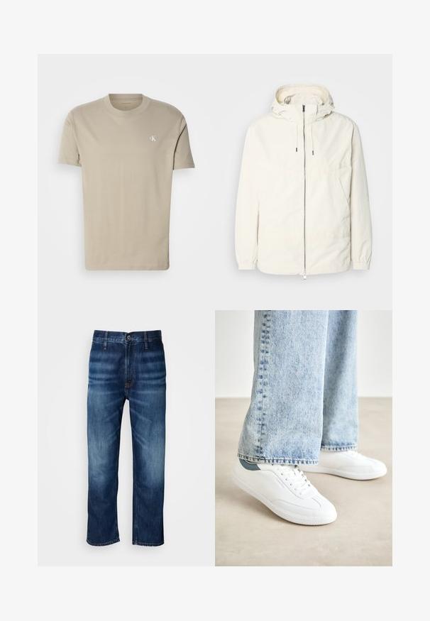 Lehká, krémově zbarvená bunda s kapucí, zipem vpředu, elastickými manžetami a klokaní kapsou. Hladká látka s minimem švových detailů.; Béžové bavlněné tričko s klasickým kulatým výstřihem. Na levé straně hrudi se nachází malé bílé logo "ck". Rovný lem, krátké rukávy.; Tmavě modré džíny rovného střihu s jemným vyblednutím na stehnech a zapínáním na knoflík v pase, vystavené na bílém pozadí.; Bílé tenisky s hladkým materiálem, šněrovacím designem, texturovanou gumovou podešví a tyrkysovým akcentem na patě, v kombinaci se světle modrými džíny.