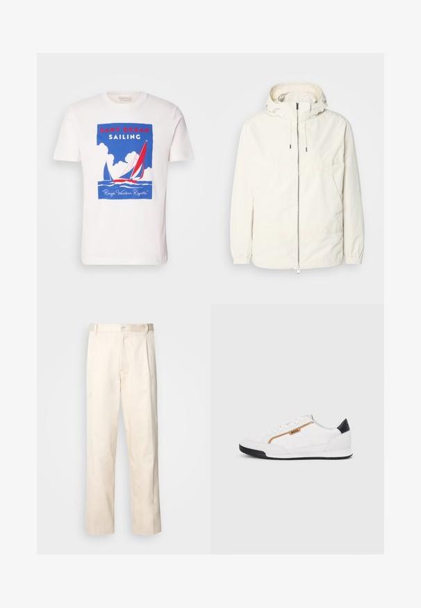 Lengvas, kreminės spalvos švarkas su kapišonu, užtrauktuku priekyje, elastingomis rankovėmis ir kengūros kišene. Lygus audinys su minimaliais siūlių detalėmis.; Balta medvilninė marškinėlių su mėlyna, raudona ir balta jachta su užrašu "GANT OCEAN SAILING" ir debesų vaizdu.; Bežinės medvilninės kelnės su tiesiu kirpimu, turinčios mygtuko uždarymą ir priekyje raukšles papildomai dekoratyviam akcentui.; Balti sportiniai bateliai su tinklinėmis ir odinėmis detalėmis. Yra auksinė "BOSS" logotipas, tekstūruoti šonai ir juodas kulno dangtelis. Guminis padas.